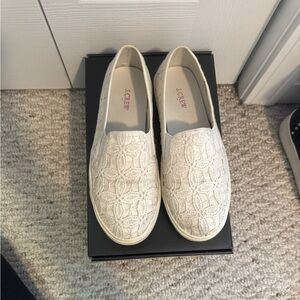 J. Crew, cream embroidered slip-ons. Size 6.5.